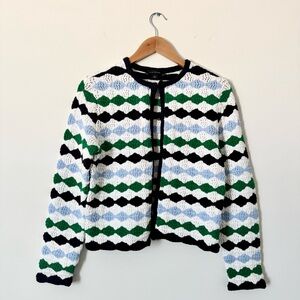 NWT Ann Taylor Open Knit Geometric  Cardigan Blue Green Size M